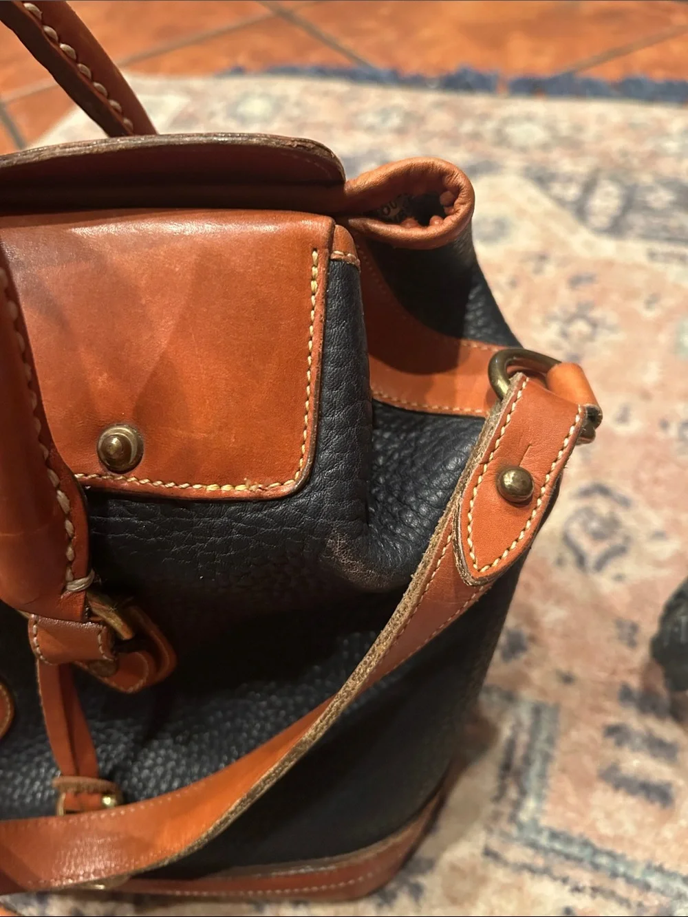 Dooney & Bourke Navy Pebble Leather Satchel with Tan Trim